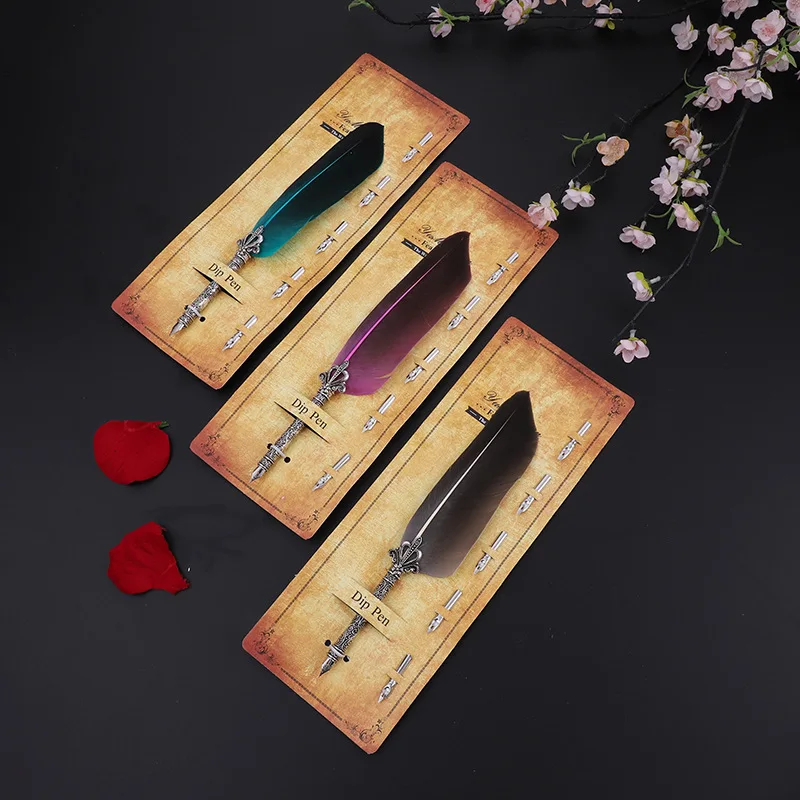 Fancy Stationery Vintage Replaceable Dip Color Feather Fountain Pen with 5 Nibs