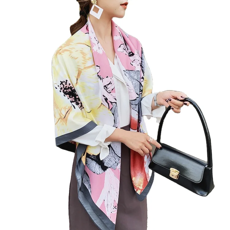 С принтом розы, 130 см квадратный шелковый экстра большие туристические шаль шарф для девушек и женщин, подарок для всех сезонов