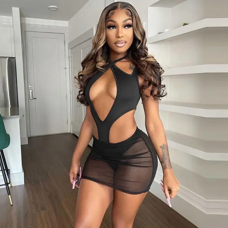 Summer 2022 Women Halter Bandage Super Sexy Hollow Out Patchwork Mesh Mini Dresses