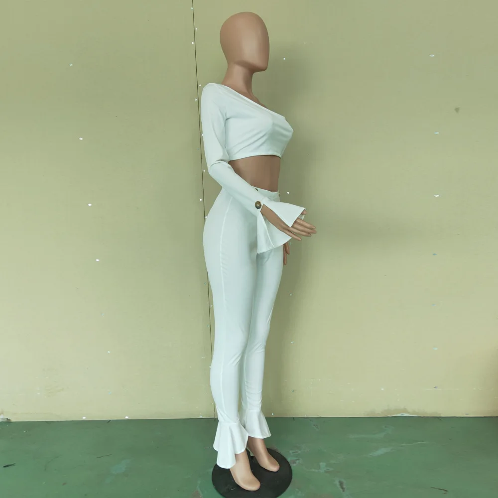 
0819M274 best selling asymmetrical sleeve fashion sexy woman autumn two piece flare pants set 