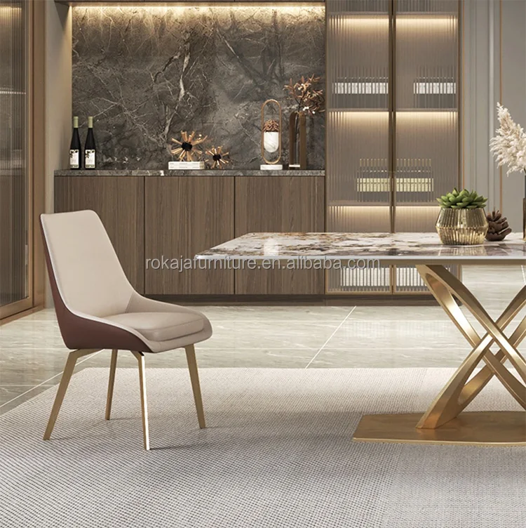 Luxury Dining Table Set With Gold Leg Modern Home Slate Marble Dining Room Furniture Rectanqular Dinner Table With 6 8 Seater
