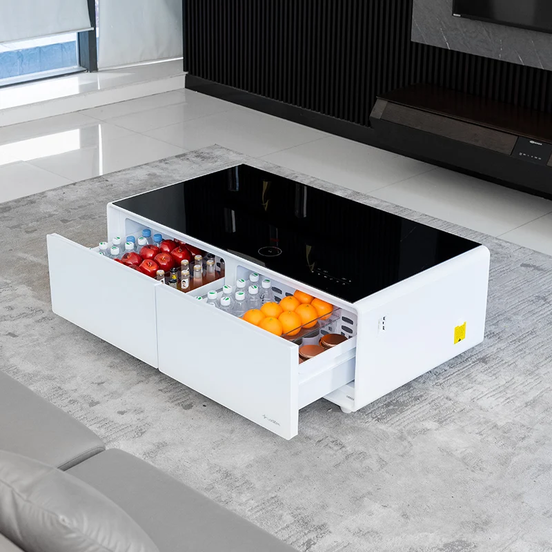 Living room smart furniture refrigerator with 2 refrigerated drawers and wireless charging smart coffee table