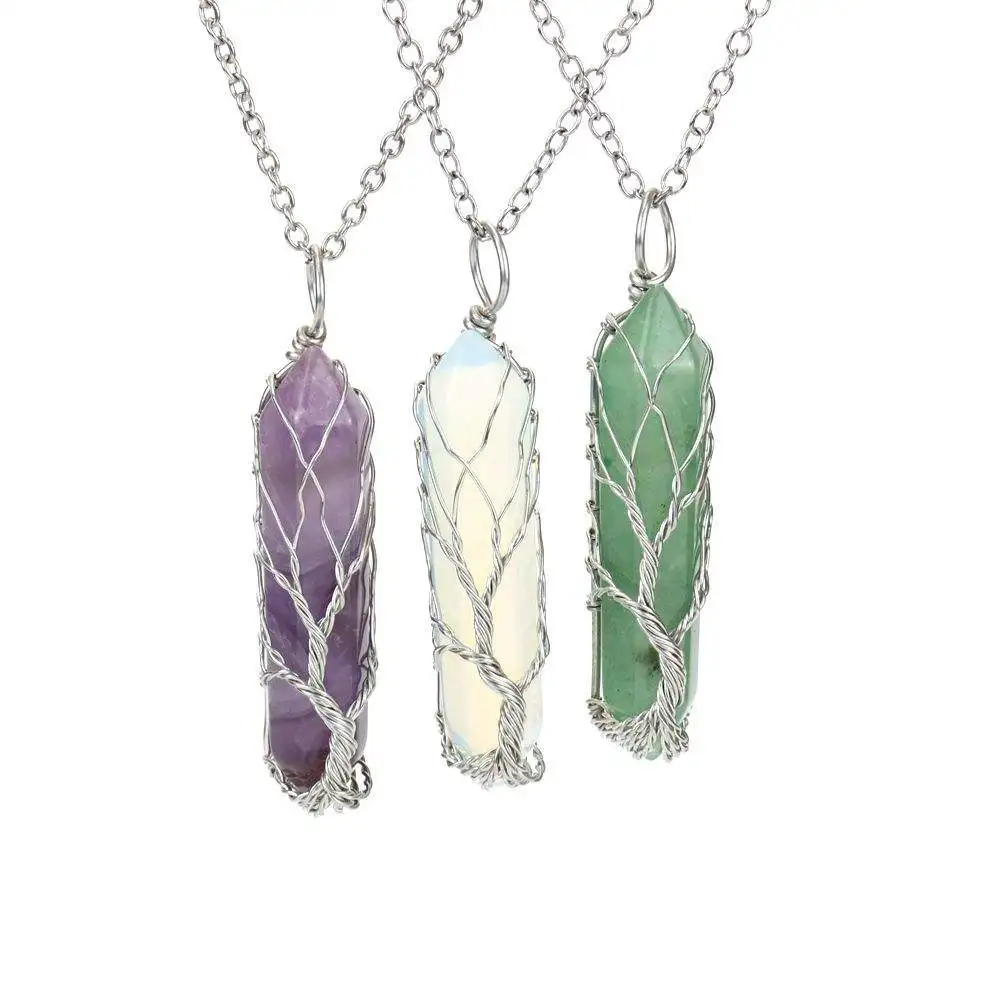 Healing Crystal Necklace Tree of Life Wire Wrapped Natural Stone Point Pendant Necklace Hexagonal Reiki Quartz Gemstone Jewelry