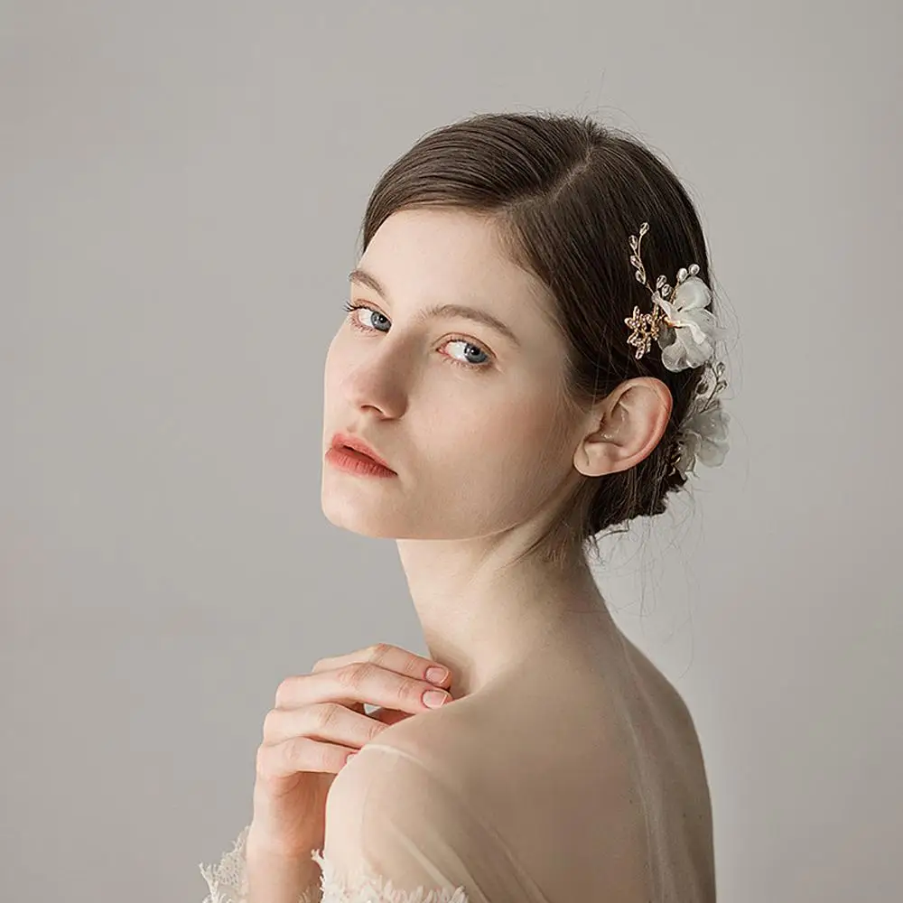  2021 New Flowers bride headdress Exquisite and beautiful chiffon flower Pearl bridal hair fork Wedding