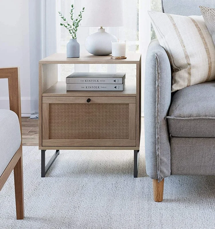 amazon hot sales customized wholesale rustic farmhouse wood and rattan side end table for living room