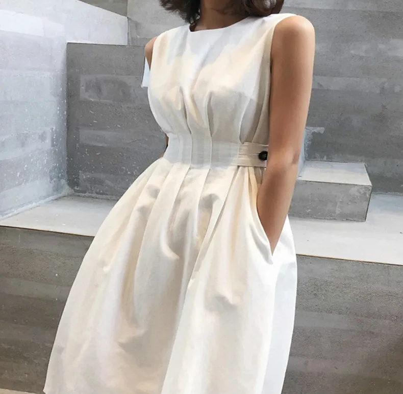 Summer Women Solid White Black Fashion Elegant Casual Party Dress O neck Sleeveless Tank Sundress Female Vestido