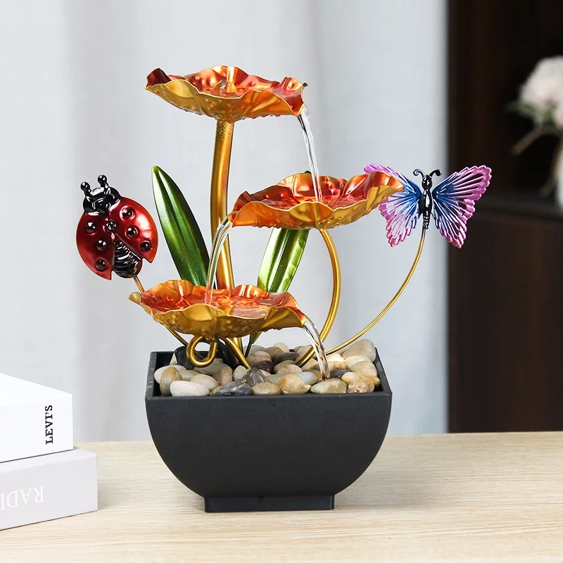 3 Tier Lotus Metal Tabletop Water Fountain Ladybug Butterfly USB-Powered Waterfall Decoration for Home and Office Decor