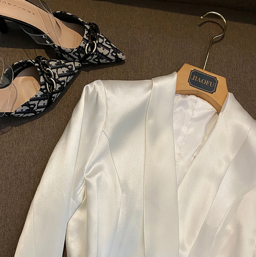 Elegant Satin Cloth Double-breasted Long Sleeve Shawl Collar Office Lady High Quality Blazer