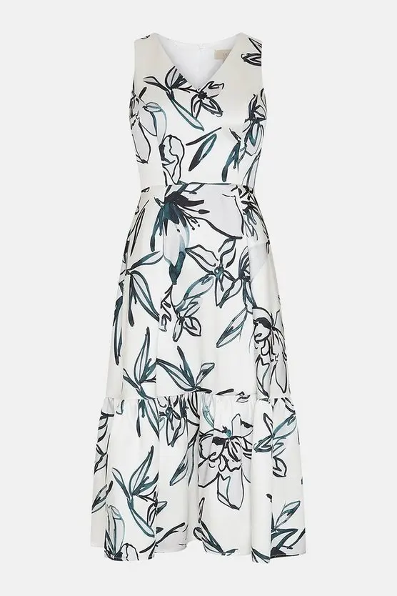 Weixin High Quality Print Nipped-In Waist Flared Skirt V Neck Twill Dirndl Hem Sleeveless Elegant Dress Women Clothing