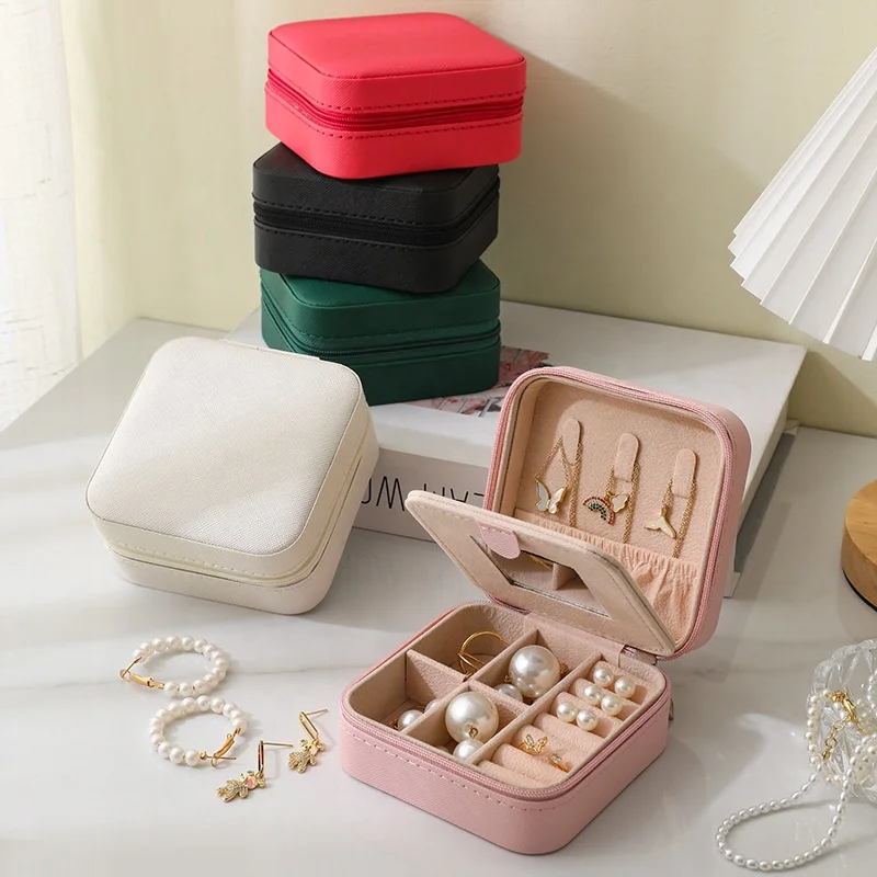 Square Customized PU Leather travel jewelry boxes mirror storage organizer jewellery box with zipper