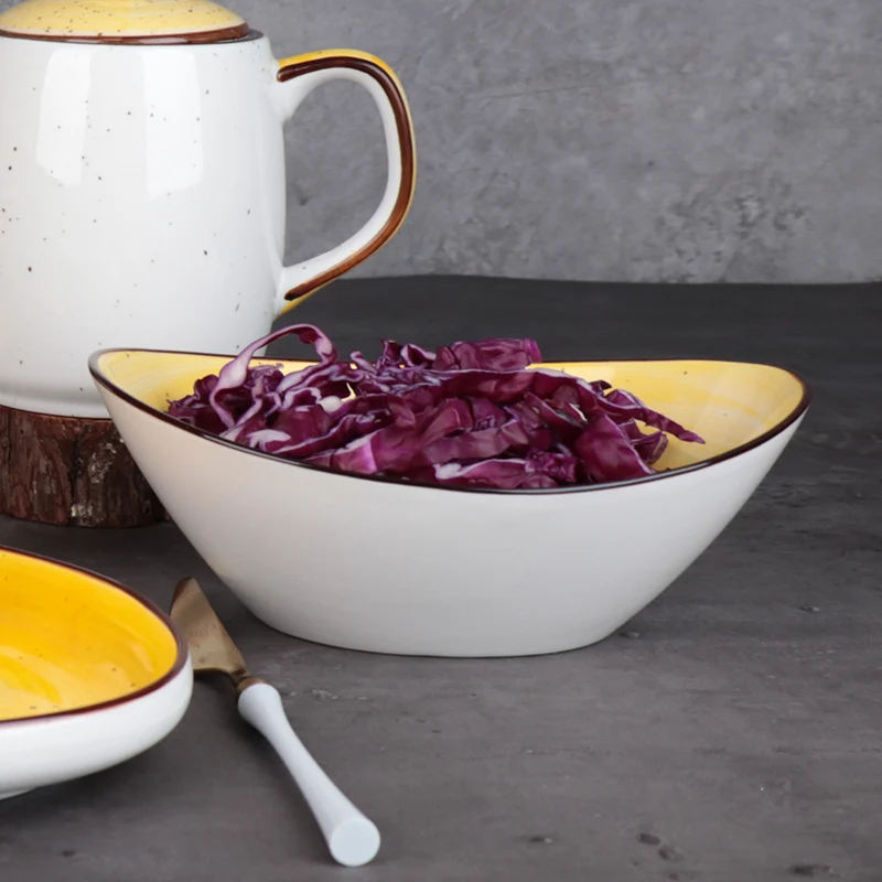 Yellow serving glazed Ceramic soup bowl Yellow color decorative Porcelain bowl Salad Boat Bowl