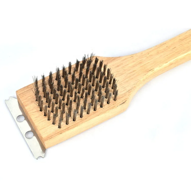 Durable BBQ Tools Stainless Steel Wire Bristle Grill Accessories Scraping Brush With Wood Handle