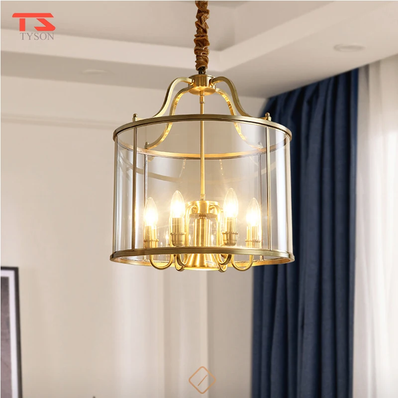American Style Light Villa Modern Fashion Luxury Copper Color Chain Glass Pendant Lamp For Dining Room