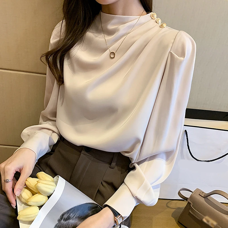 Wholesale High Quality New Elegant Female Loose Shirt P Casual Women Tops Long Sleeve Silk Office Ladies Stand collar Blouse