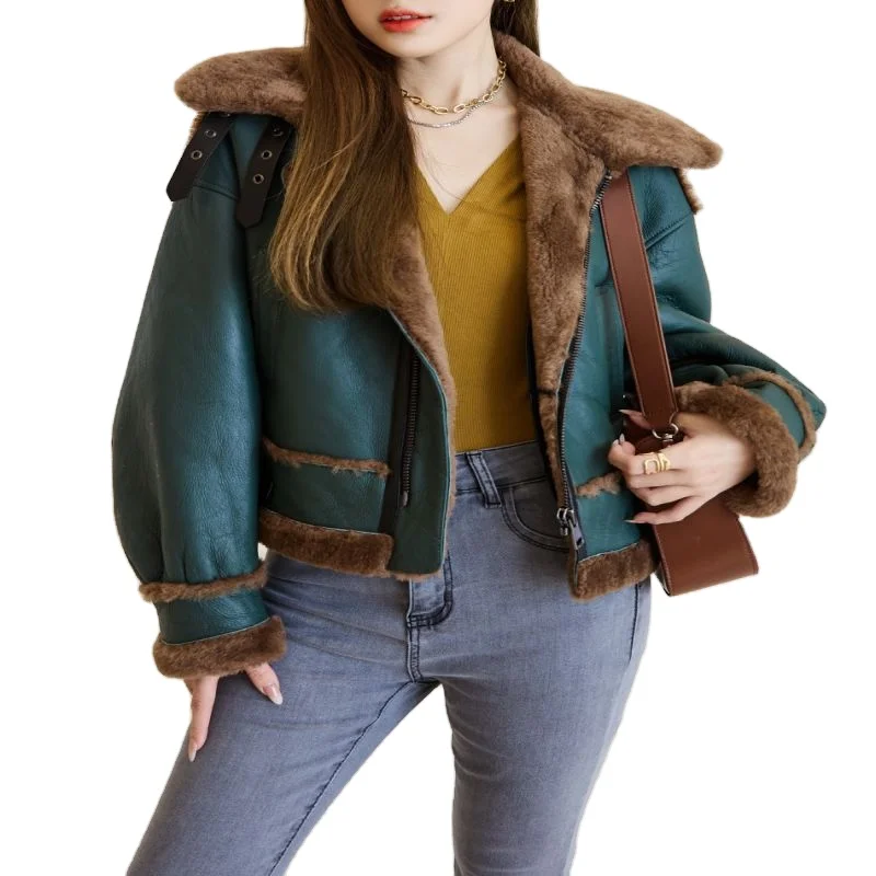 Wholesale fur coats with sleeves with Fox Collar woman leather coat fur coat bomber jackets woman fur jacket