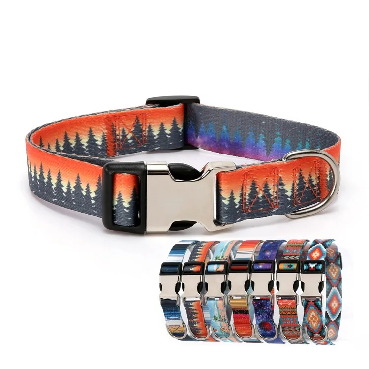 Pet Collar Ethnic Style Striped Forest Pattern Lettering Nylon Outdoor Walking Accessories Dog Accessories Supplies
