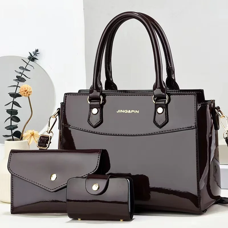 2024 Custom 3 in 1 Luxury Fashion Bright Surface Pu Leather Shoulder Bag Women Messenger Large-capacity Portable Lady Bag