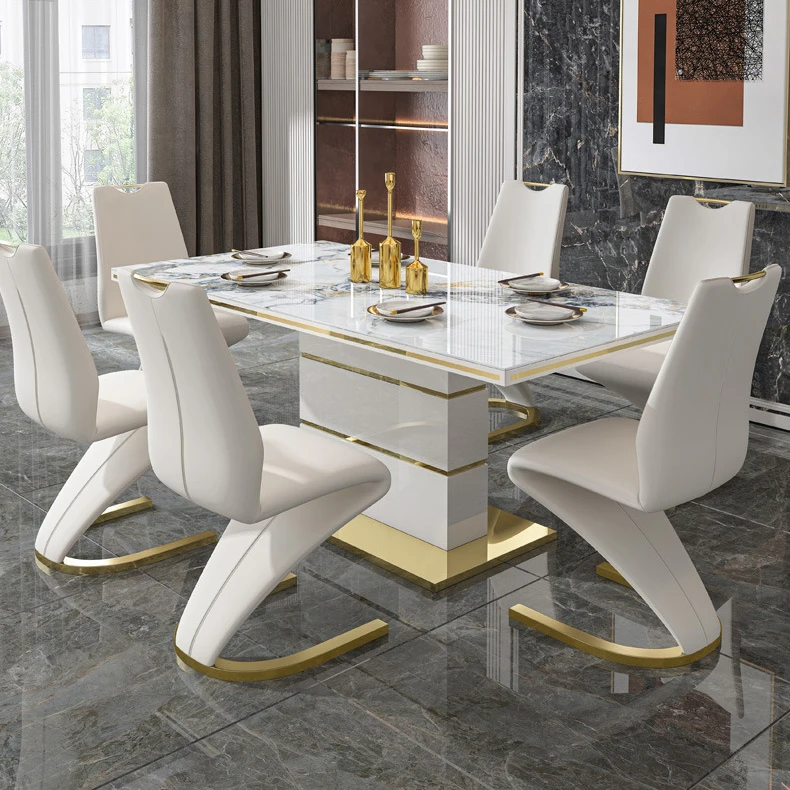 Luxury stone marble dining table 4 chairs modern gold stainless steel square dining table set with 6 seater restaurant furniture