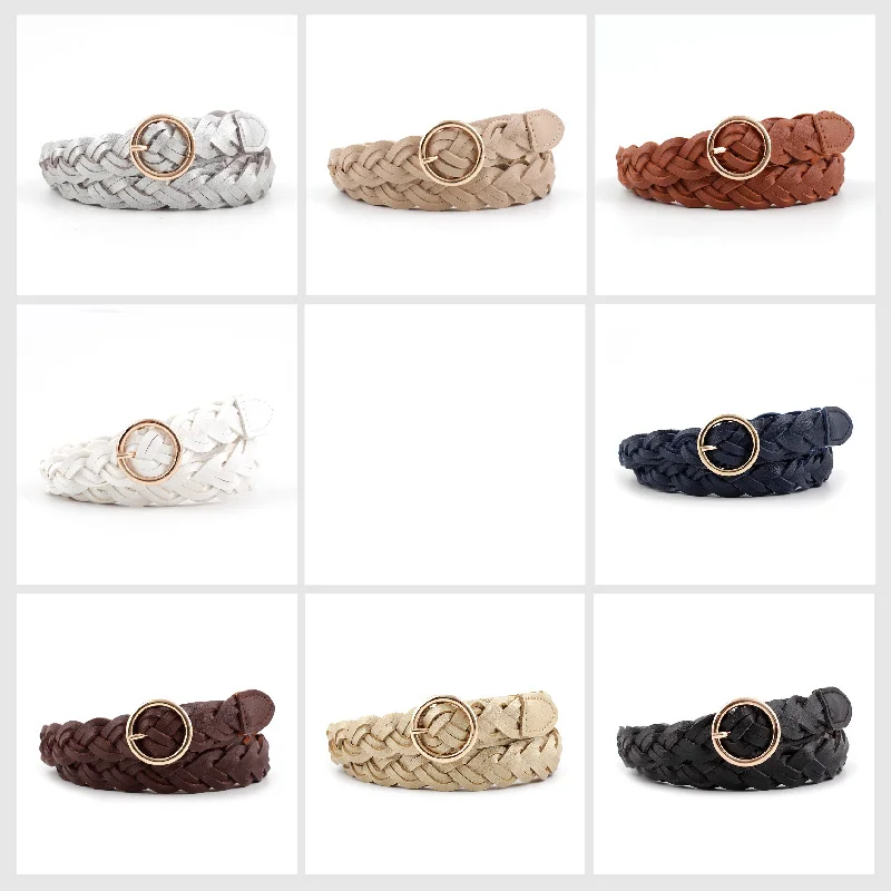 Girls Braided Skinny Narrow Leather Belt Women Woven Braided Belt O-Ring Buckle Leather Belt for Dress Jean Skirt Pant