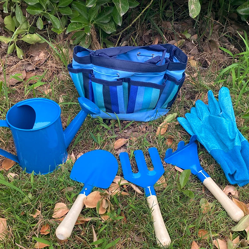 Home Gardening Mini Wooden Handle Carton Steel Kids Set Children Gardening Tools Set With Bag Beach Toys Rake Shovel Trowel Fork