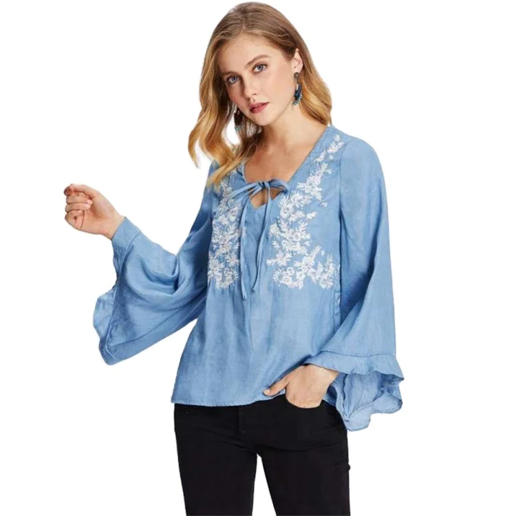 Women Long Sleeve Blue Embroidered Blouse