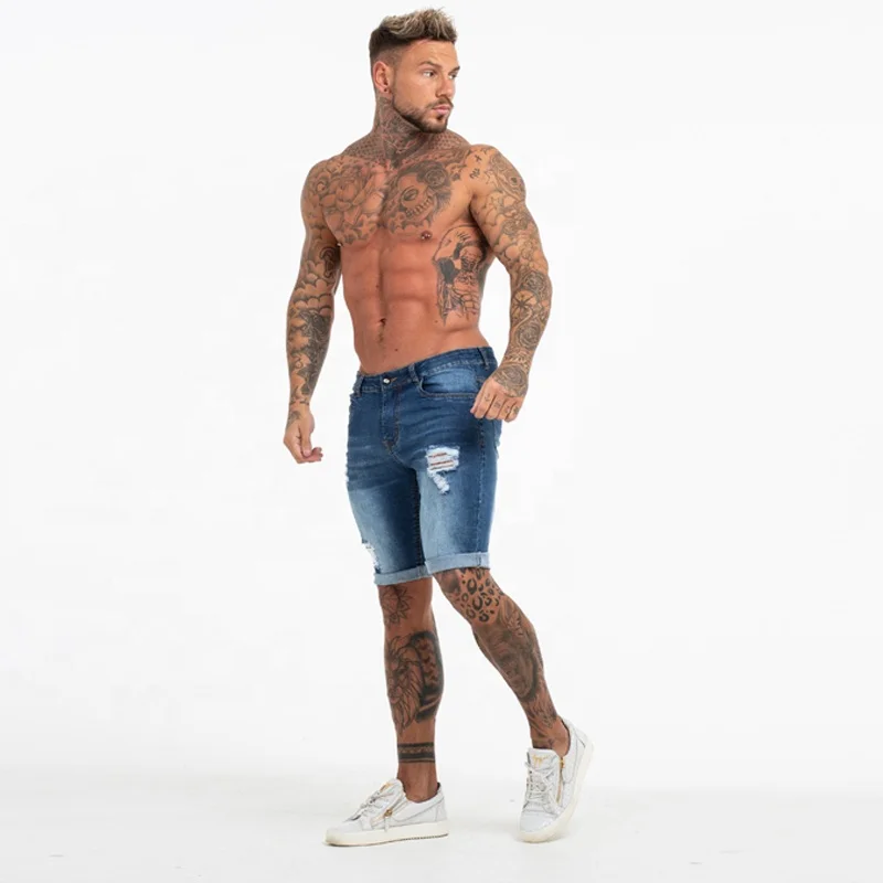 Drop Shipping Mens Street Wear Blue Skinny Soft Washed Skinny Fit Stretch Jeans Shorts