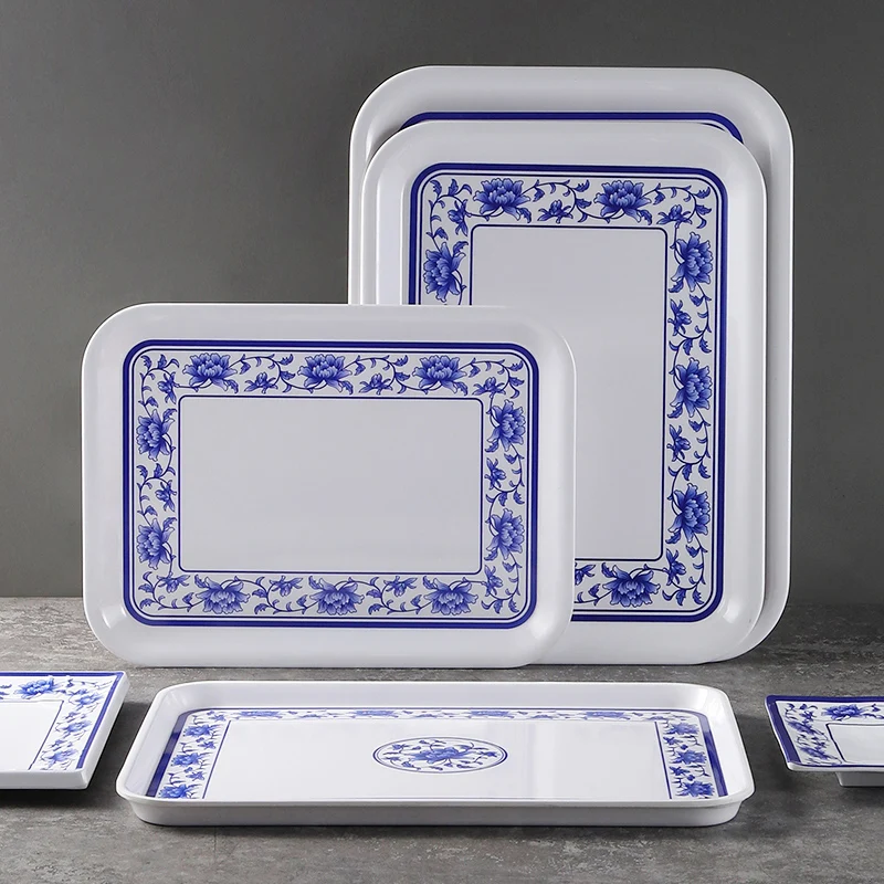 Chinese high quality gourmet restaurant dishes blue and white modern melamine dinnerware for restaurant