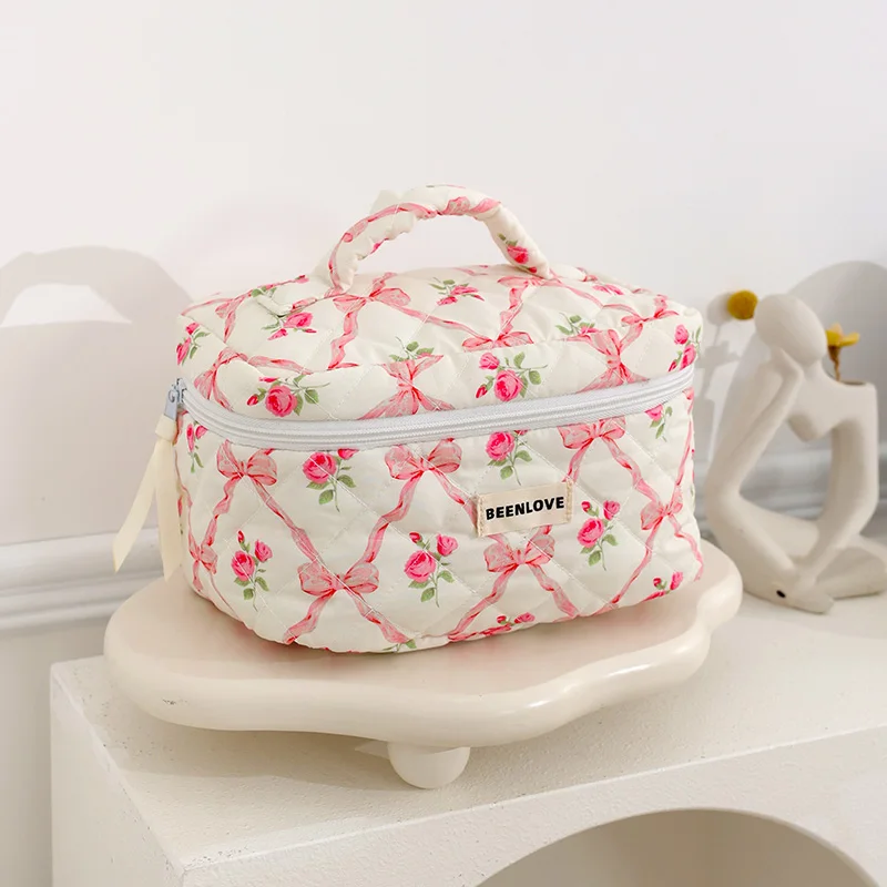 Cute Pink Quilted Travel Storage Bag Women Portable Wash Clutch Purse Handbags Zipper Cosmetics Make Case Quilting Mommy Bag