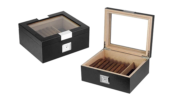 Handmade 25 CT Black Wooden Cigar Case Display Humidor With Top Clear Glass Window