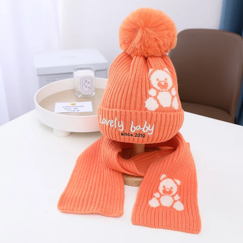 Custom Logo Winter 2Pcs/set Children Little Bear Beanie Scarf Set 100% Wool Jacquard Knitted Long Plain Plush Fur Pom Pom Kids