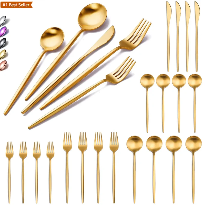 Portugal Stainless Steel Metal Bulk Catering Spoon Sets Matte Golden Plated Silverware Wedding Flatware Gold Cutlery Set