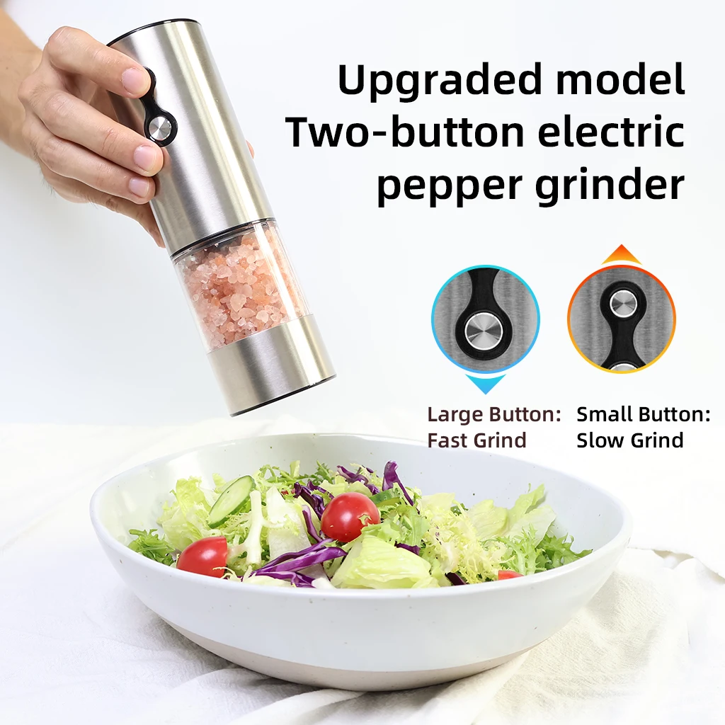2 Button Stainless Steel Electric Salt And Pepper Grinder Set Pepper Mill Actoumatic  Electric Spice Grinder With Led