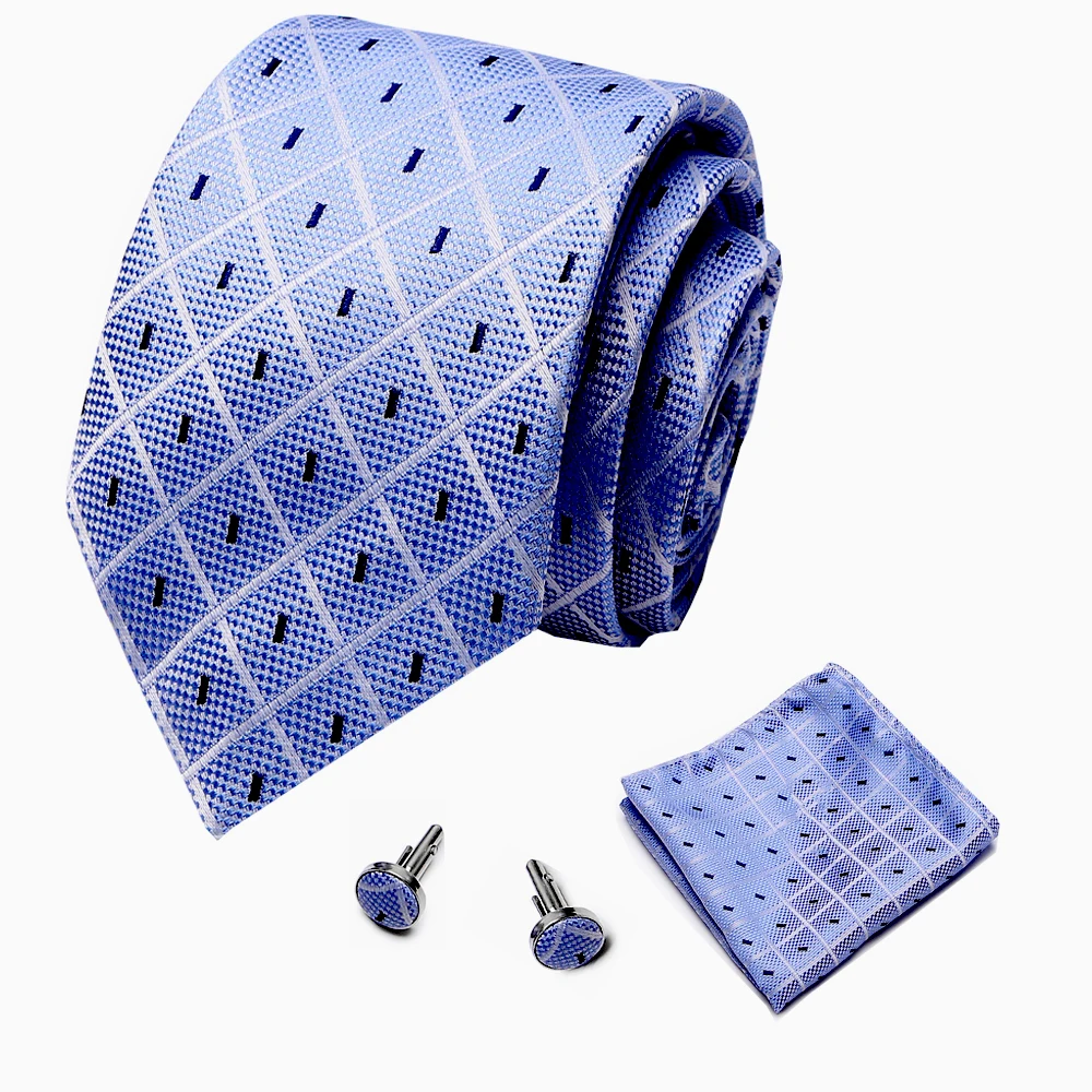 New Woven Classic Men Tie Necktie T Navy Blue Plaid  Silk Tie  Handkerchief Cufflinks Tie Set