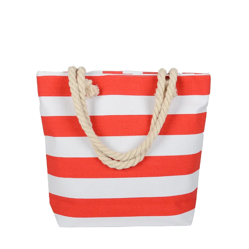 Red Stripe Canvas Tote Beach Bag Lining Two Handle Straps with Cotton Ropes Fashionable Zipper Opening Polyester Fashion Bag