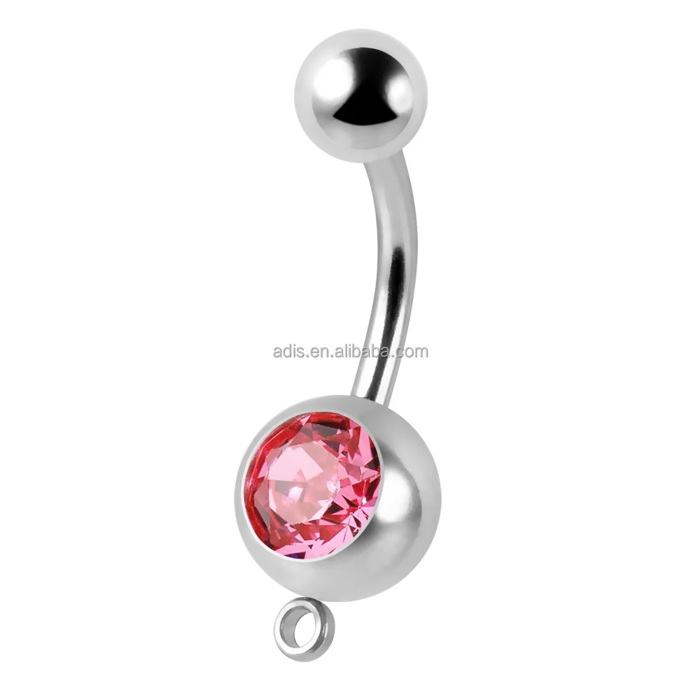 Custom Surgical Steel Dangle Pink Gem Curved Banana Barbell Fine style Belly Button Ring With Loop