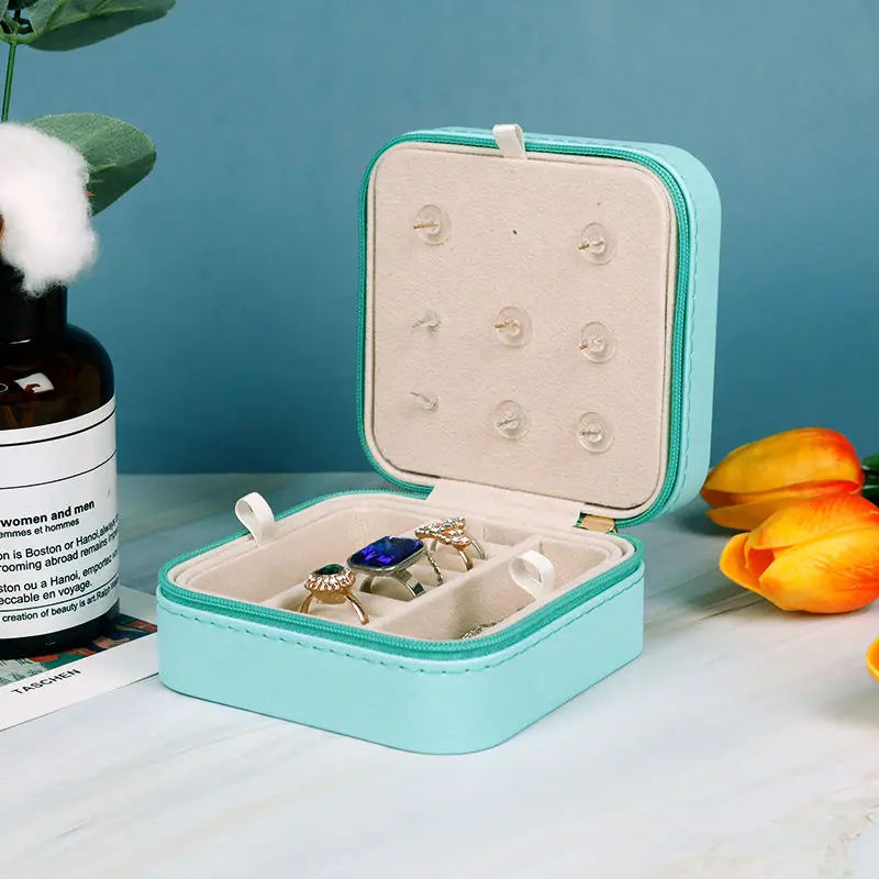 Leather Small Travel Jewelry Ring Earring Necklace Zipper Case Storage Organizer Blue Jewelry Box with Mirror Custom Logo Pink