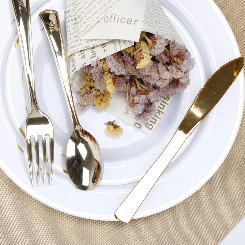 Heavy Duty Bulk Wholesale Elegant Golden Disposable Silverware Fork Spoon Knife Gold Plastic Cutlery