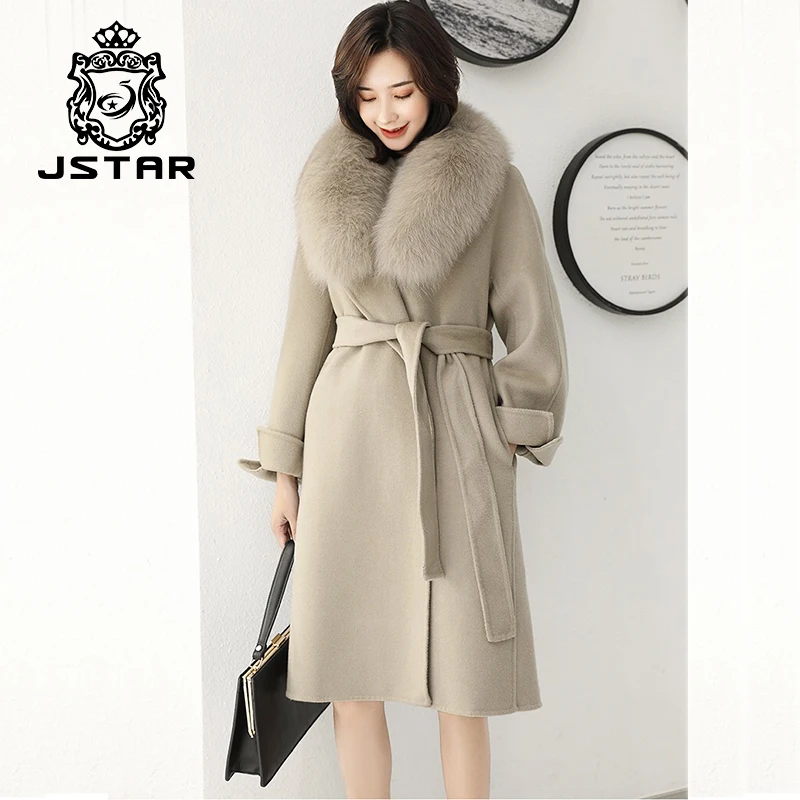 Real Fox Fur Collar Long Fur Cashmere Coat Oversized Trench Coat Belted Cashmere Sheepskin Shearling Fox Fur Coat