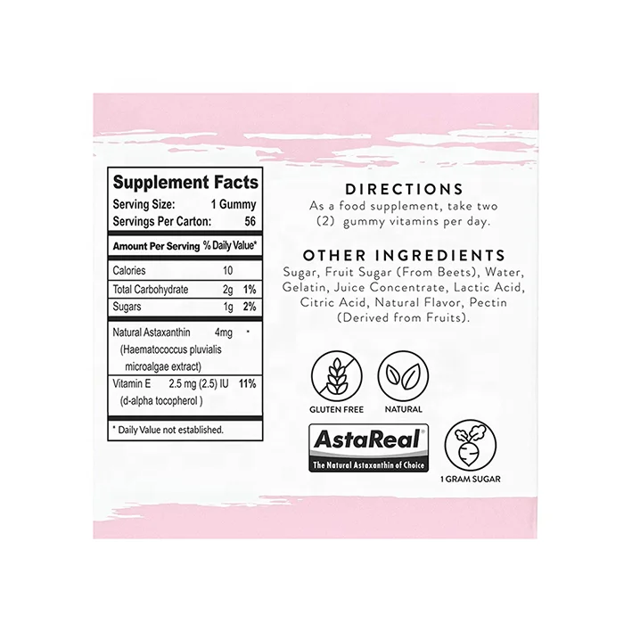 Astaxanthin Gummies with Vitamin E Beauty Skin Chews for Children Encapsulated as Gummy Candy Pills
