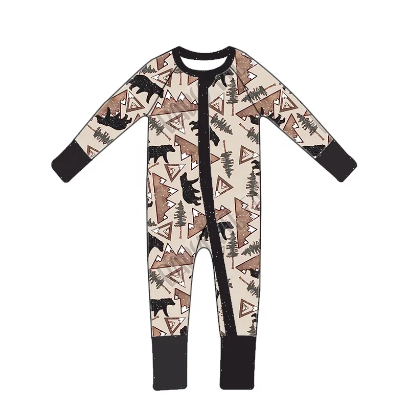 Leisure style baby clothing comfortable bamboo fiber camping day printed long sleeved YKK zipper jumpsuit for kids soft romper