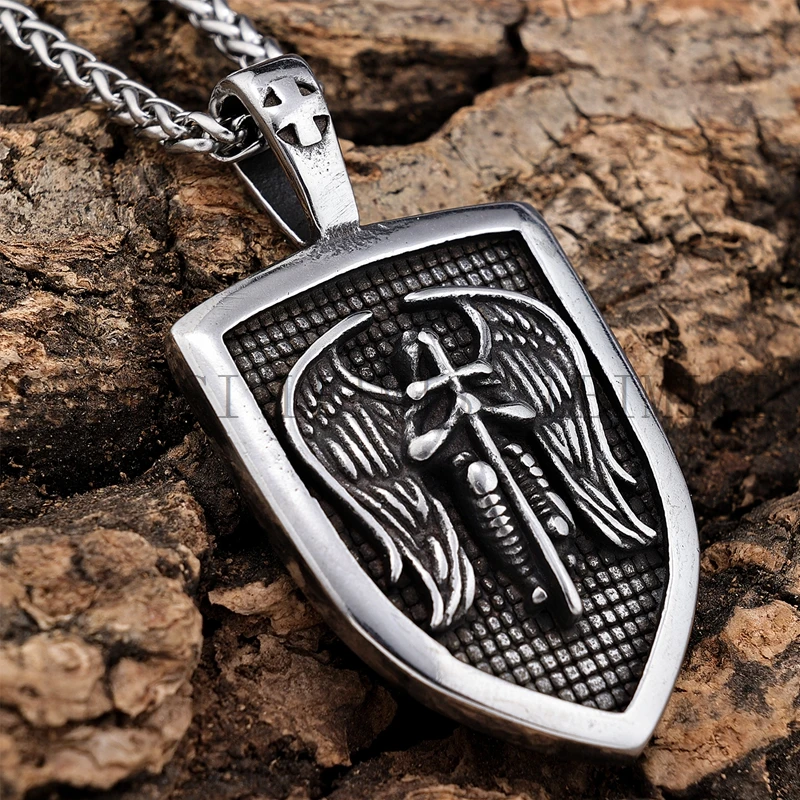 Mens Stainless Steel Religious Vintage Non Tarnish jewelry Stainless Steel Angel of Shield Wing Cross Pendant Necklace