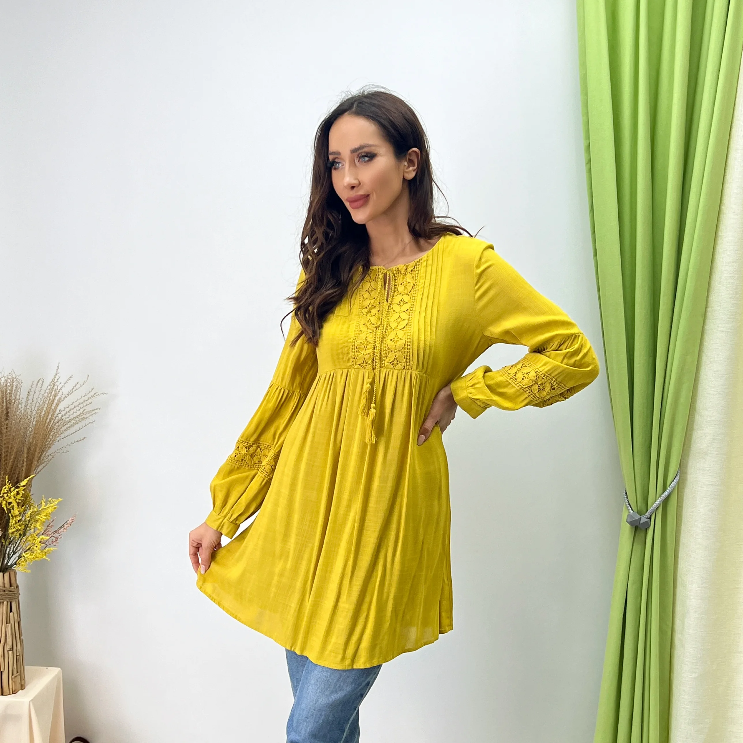 Solid color Cotton mid length skirt round neck lace embroidered fringe autumn elegant lady dress