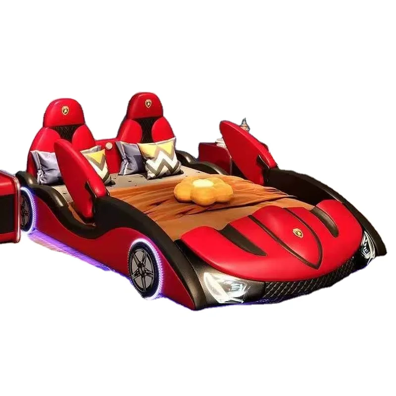 Modern Leather Children Car Bed With Guardrail Creative Boys and Girls Kids Bed Wooden Bedroom Furniture