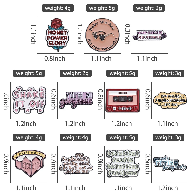 Hot Selling New Cartoon Letter Brooch Cute Cassette Ring Eye Shaped Badge English Quotes Brooch Enamel Pins Funny Banners Badges