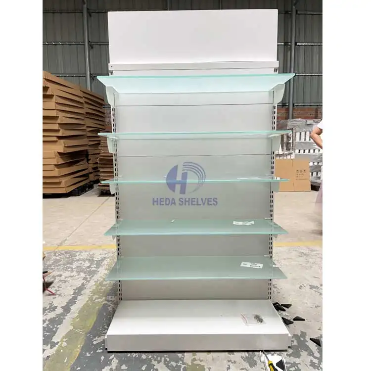 Glass Layer Board White Color Shelves Gondola Shelving Rack Laminate Showroom Display Rack Slatwall Shelves For Retail Store