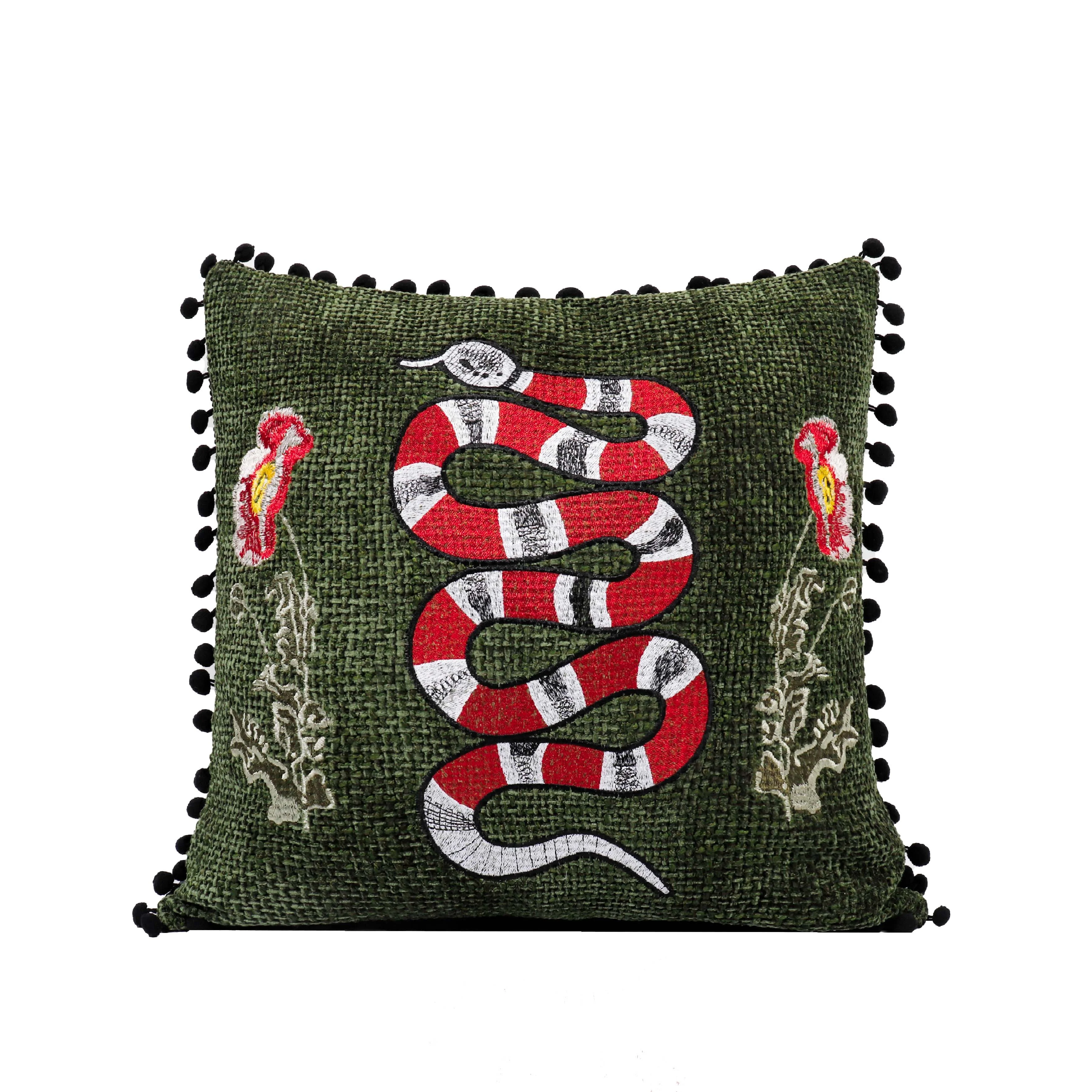 Tiff Home Customized Product Green Embroidered Modern Pastoral Reusable Cushion Cover Snake And Flower Throw Pillow Home Decor