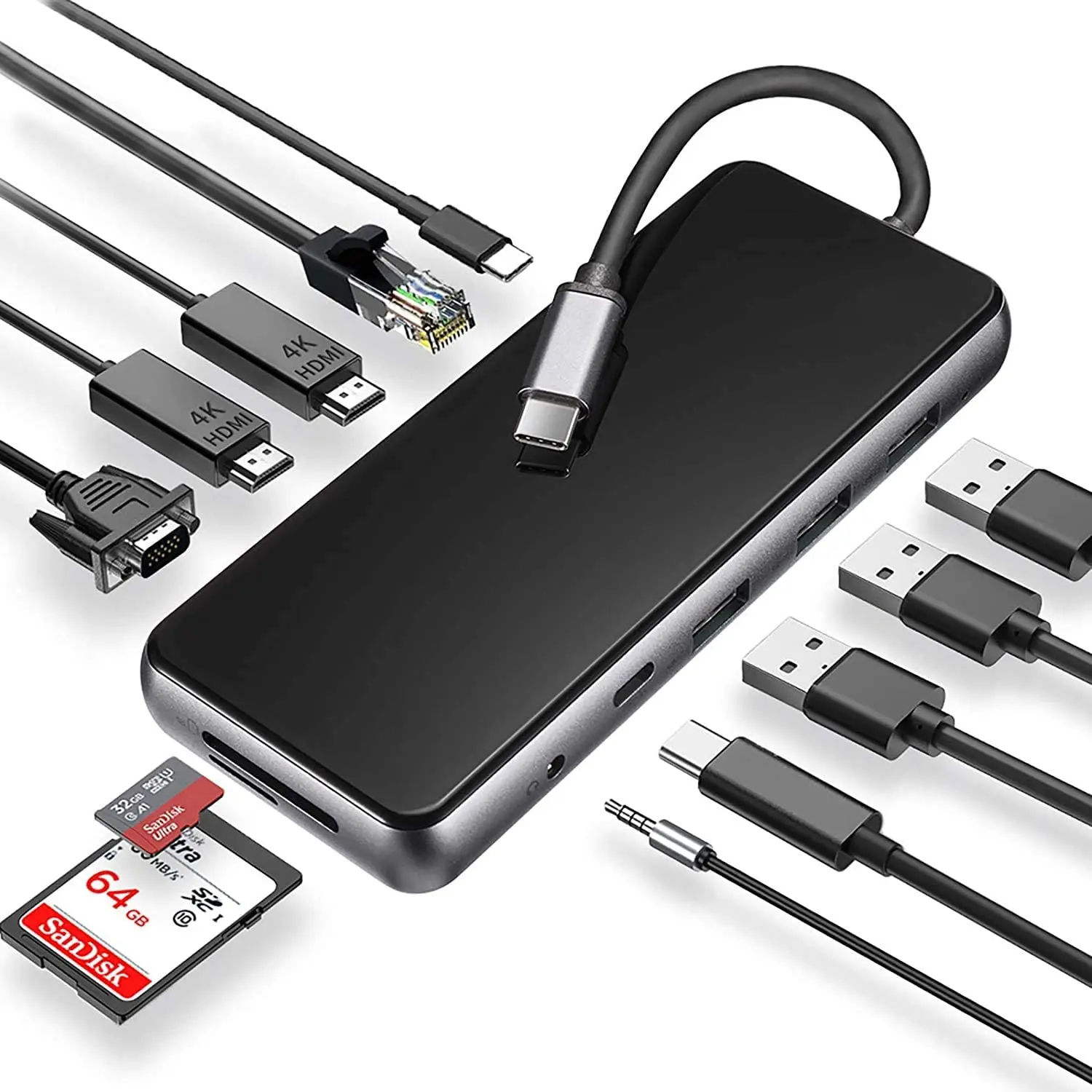  USB C концентратор док-станция для ноутбука 12 в 1 тройной дисплей адаптер с двойным 4K HD MI VGA локальная сеть стандарт PD 3 портами (стандарт 0 передачи данных