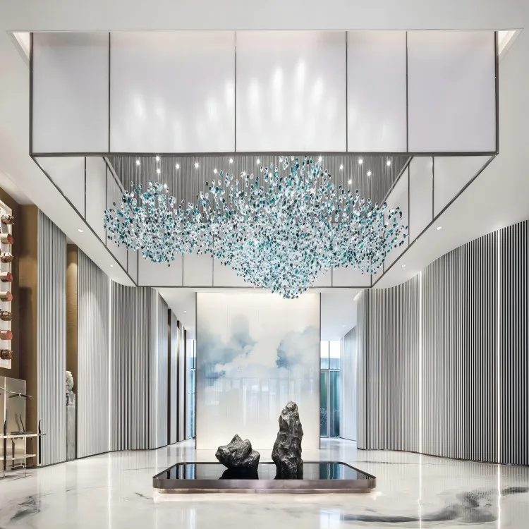 modern Design Luxury Indoor Crystal Stone Metal Body Project Light Villa Lobby Green glass Led Chandelier for wedding decor