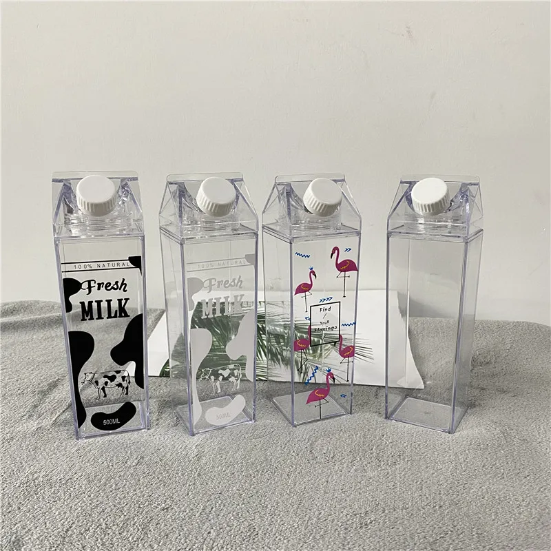 17oz 500ml 34oz 1000ml Milk Carton  Milk Carton Shaped Double Wall Clear acrylic plastic Milk Bottles with Screw cover