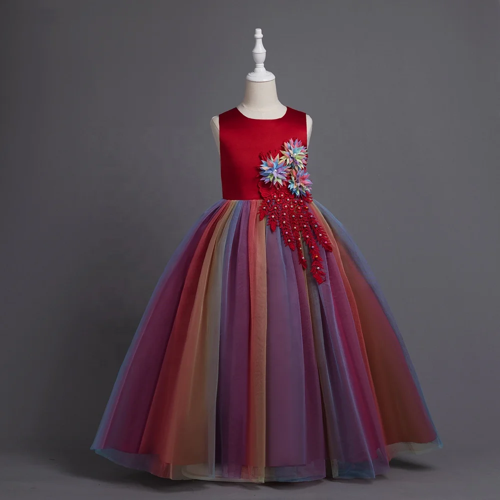 Fashion Colorful Flower Girl Dress Floor Length Appliques Tulle Ball Gowns For Kids Special Occasion Girl Wedding Pageant Dress